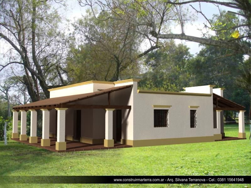 Casa de una sola planta de color crema con porche cubierto, techo marrón y ventanas con barrotes