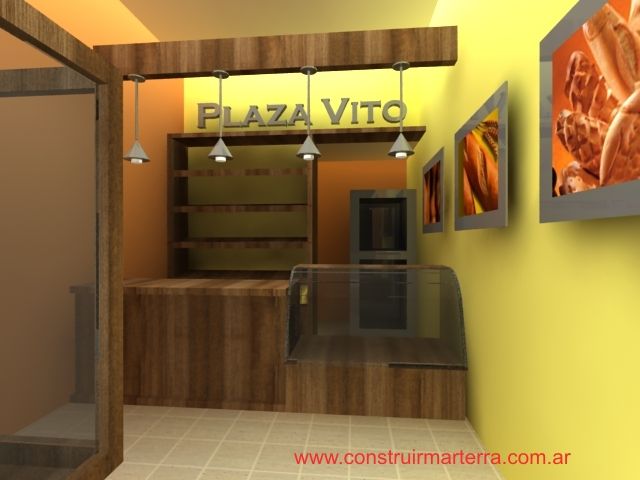 Mostrador de panadería de Plaza Vito con interior revestido de madera y arte mural naranja.