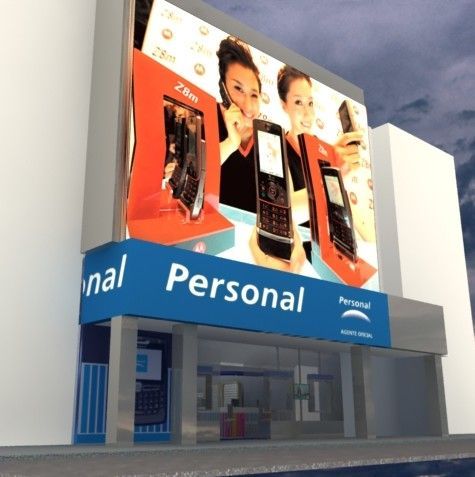Local comercial con toldo azul y grandes anuncios de teléfonos en la fachada.