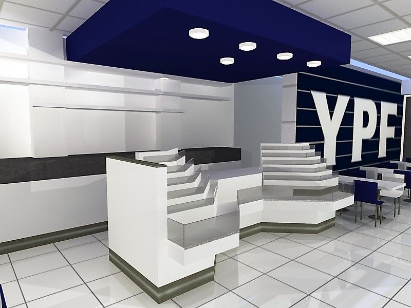 Vestíbulo moderno y vacío con mostradores blancos, suelo de baldosas y un gran logotipo de YPF en una pared azul oscuro.