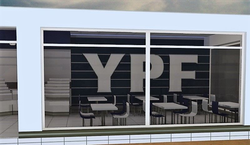 Fachada con un gran logotipo de YPF, ventanas de cristal y mesas en el interior.
