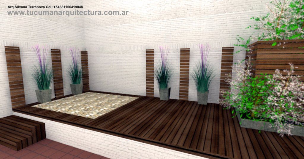 Patio exterior moderno con terraza de madera, paredes blancas, plantas en macetas y una pequeña piscina 