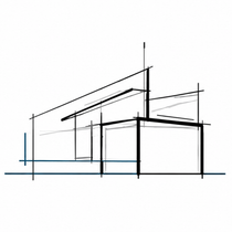 Boceto minimalista en negro de una casa moderna con techo inclinado y guías de construcción azules.