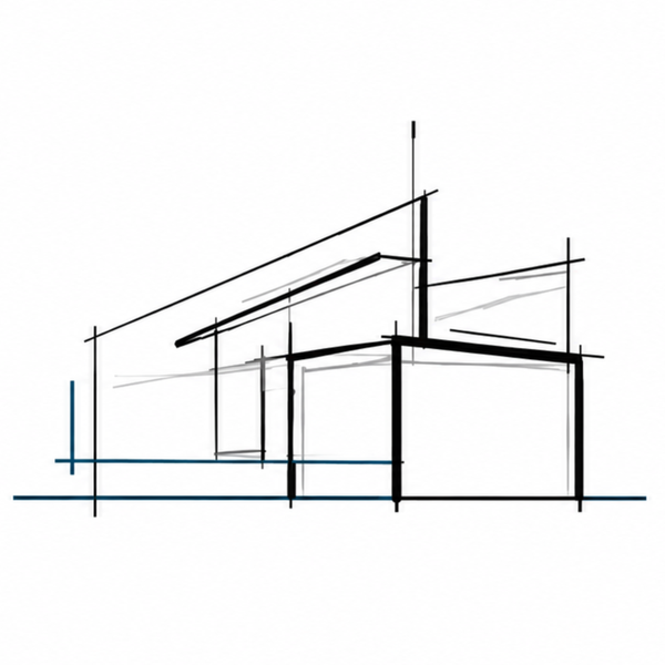 Boceto arquitectónico minimalista de una casa con líneas negras y líneas guía azules sobre un fondo blanco.