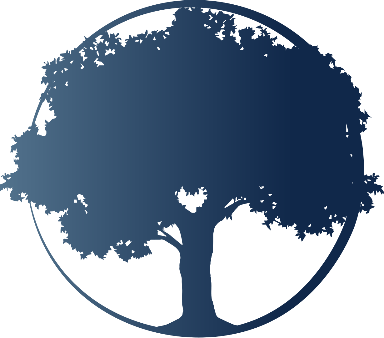 A silhouette of a tree in a circle on a white background