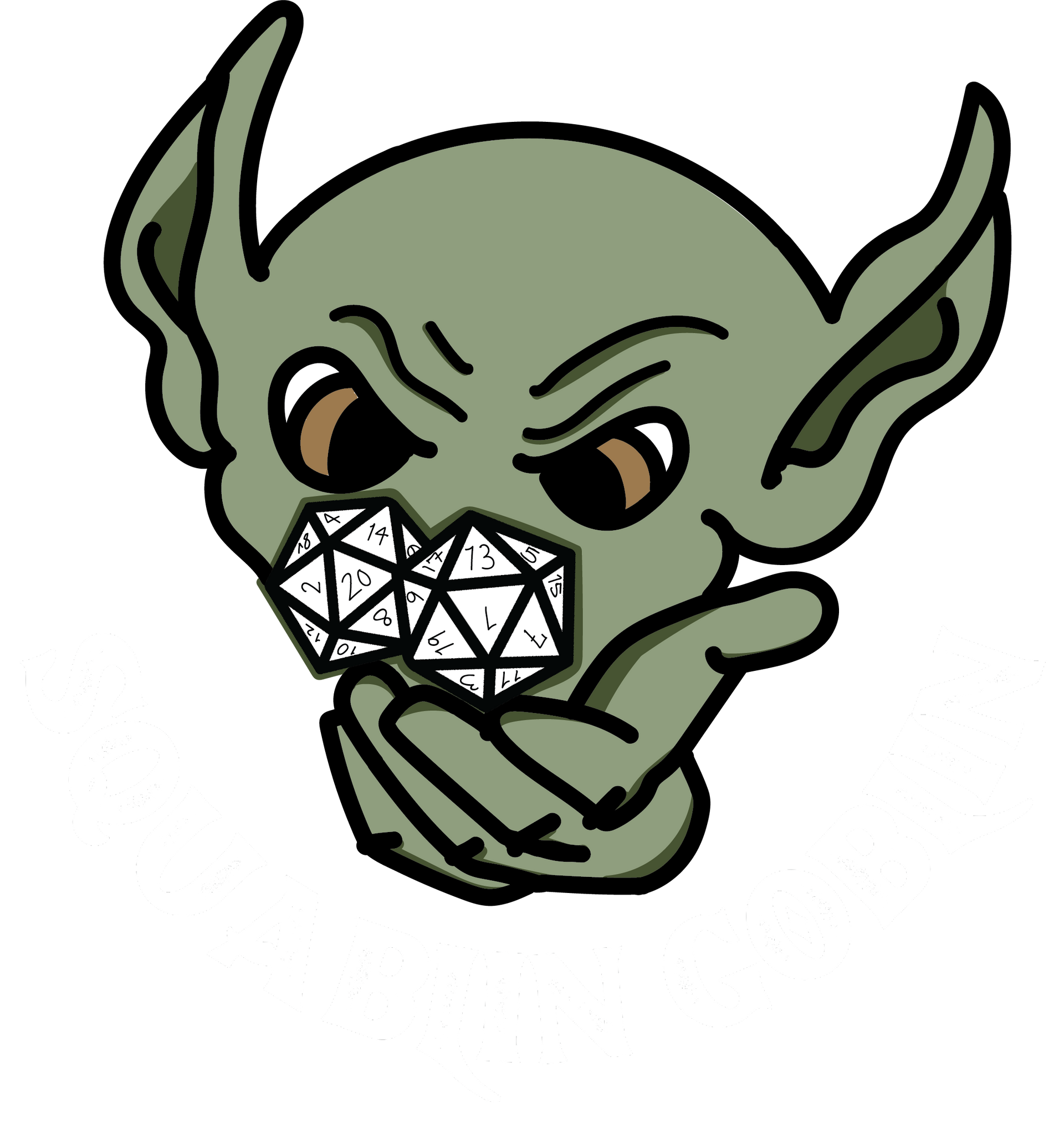 A cartoon of a goblin holding a dice in its mouth.