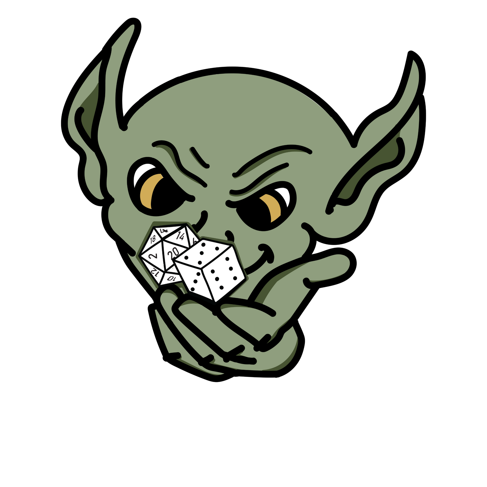 A cartoon drawing of a goblin holding dice in his mouth.
