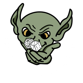 A cartoon drawing of a goblin holding dice in his mouth.