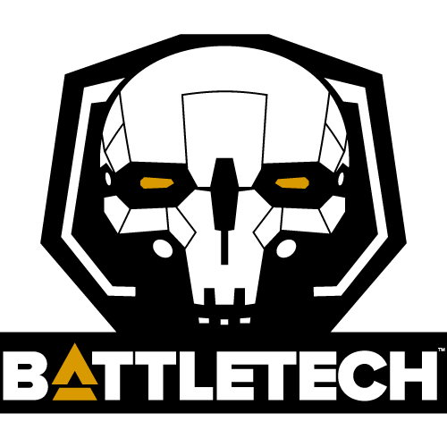 A black and white logo for battletech with a robot skull.