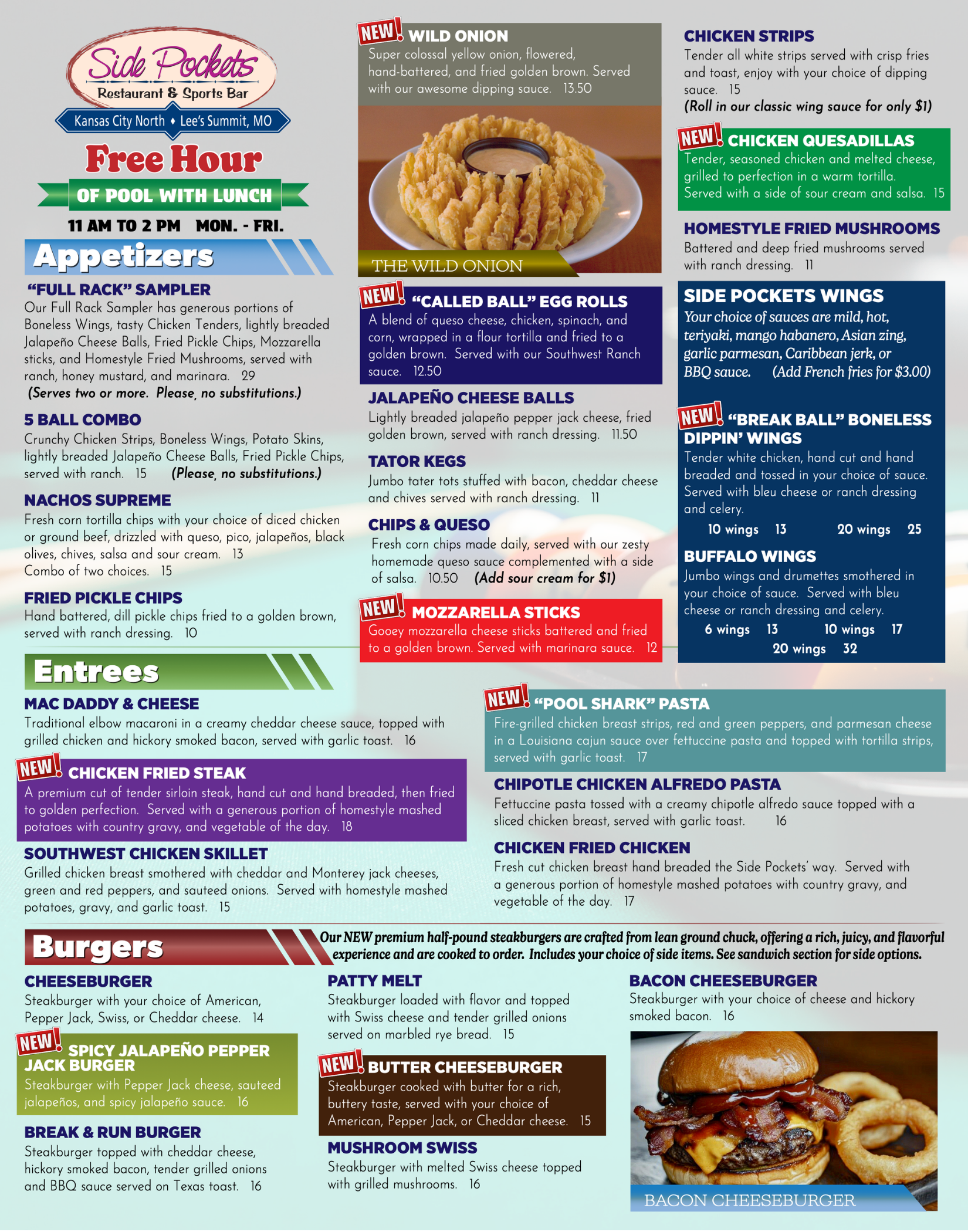 Busy flyer with colorful Japanese text boxes and food photos, including a pastry ring and a burger with fries.