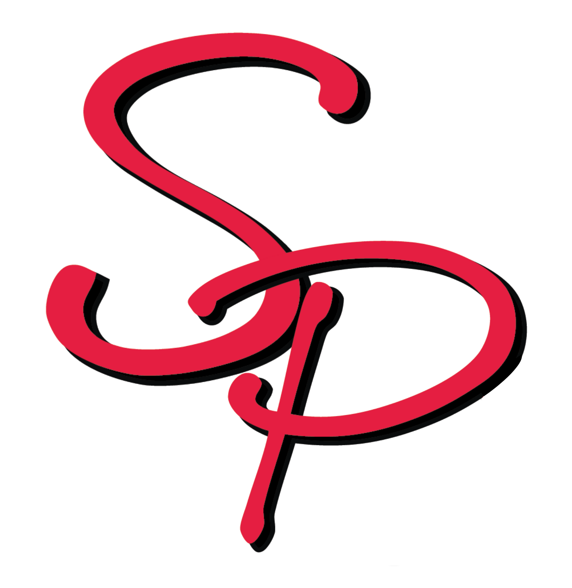 Stylized red and black intertwined letters “SP” on a white background