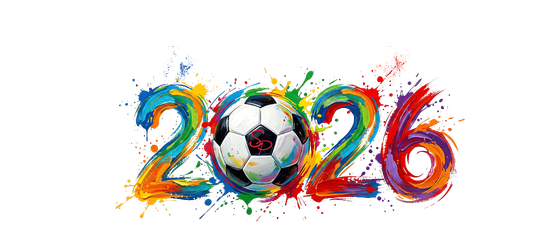 Colorful “2026” with a soccer ball forming the zero on a white background
