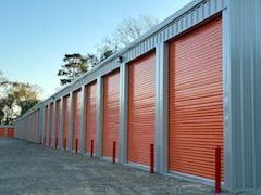 Orange roll-up storage unit row