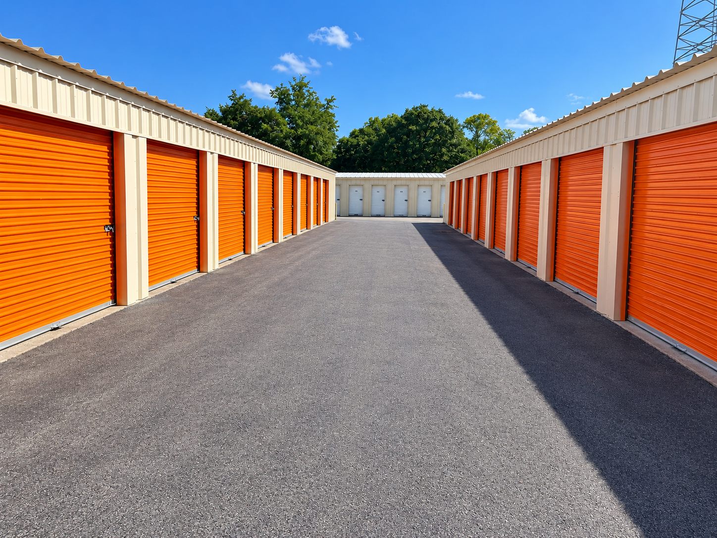 Wide self storage facility driveway
