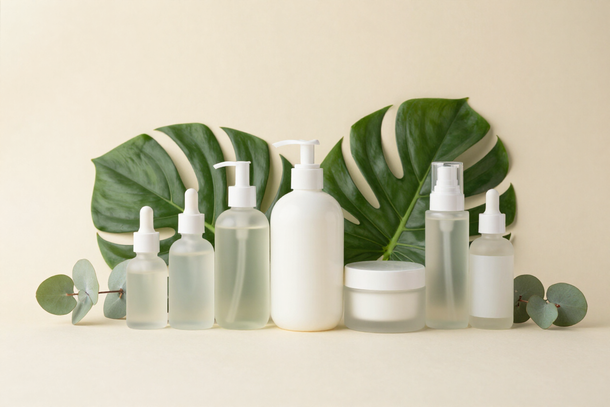 Skincare product bottles with a green plant