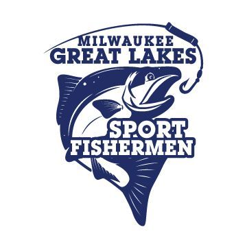 The logo for milwaukee great lakes sport fishermen shows a fish with a hook in its mouth.