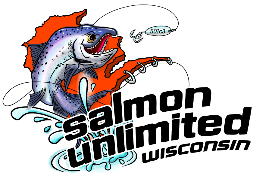 A logo for salmon unlimited wisconsin with a fish on it