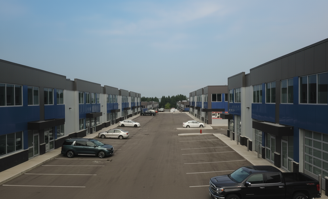 parking lot view with buildings on each side