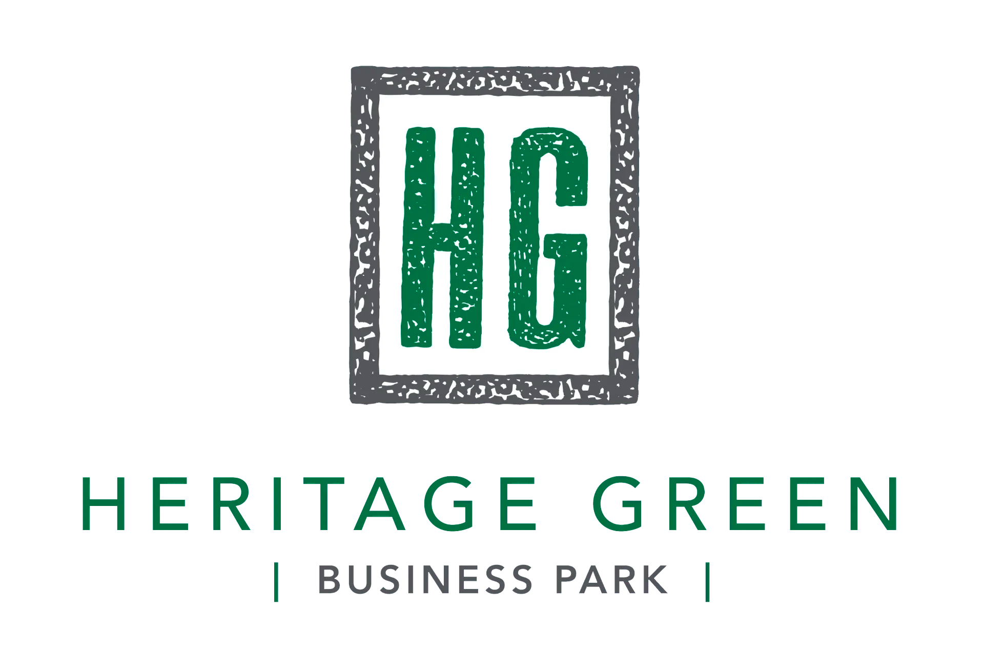 The logo for heritage greene business park is green and white.