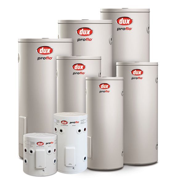 Group of Dux Profile water heaters, various sizes, white cylinders with red logos, set against a white background. — 24/7 Hot Water in Gympie, QLD