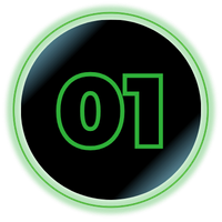 Green outlined “01” inside a black circular badge with a light green glow