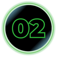 Black circular badge with neon green outline and the number 02 in green.