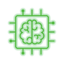 Green microchip with a brain icon inside, representing artificial intelligence or neural computing