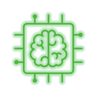 Green microchip with a brain icon inside, representing artificial intelligence or neural computing