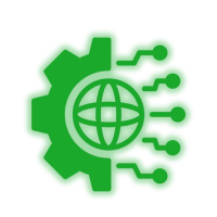 Green gear with globe and circuit lines, suggesting global technology or connectivity