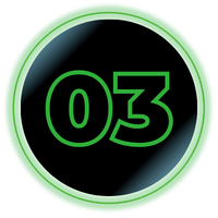 Black circular badge with neon green outline and the number 03 in green