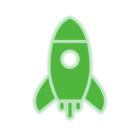 Green rocket icon with a white circular window and small exhaust flames on a white background