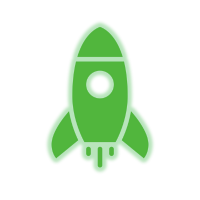Green rocket icon with a white circular window and small exhaust flames on a white background