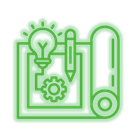Green line icon of a design clipboard with light bulb, pencil, gear, and rolled paper