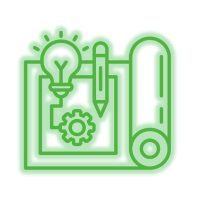 Green line icon of a design clipboard with light bulb, pencil, gear, and rolled paper