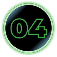 Green-outlined black circle with neon green “04” inside on a white background
