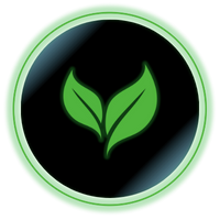 Green leaf icon inside a black circle with a glowing green border