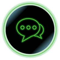 Green chat bubble icon with three dots inside a glowing circular border on a black background