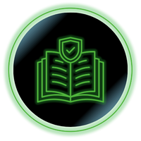 Neon green open book with shield icon inside a glowing circular badge on black background