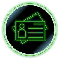 Neon green ID card icon inside a glowing green circle on a black background