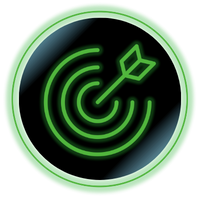 Neon green target icon with arrow on a black circular background
