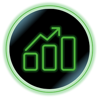 Green glowing analytics icon with rising bar chart and upward arrow inside a black circle