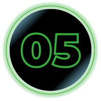 Green-outlined black circle with neon green “05” centered inside.