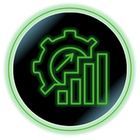 Neon green gear and rising bar chart icon on a black circular background
