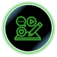 Neon green circular icon of a pencil with chat, play, and heart symbols on a black background