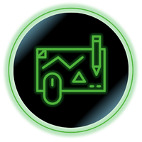 Green line-art icon of a drawing tablet with pencil on a black circular background