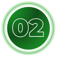 Green circular badge with white outlined number 02 centered inside a glowing ring