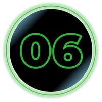 Black circular badge with neon green “06” and glowing green outline on a white background
