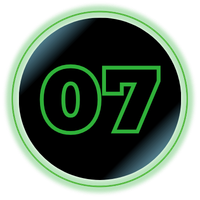 Black circular badge with neon green outline and “07” in green on a glossy background