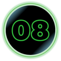 Green-outlined black circle with glowing neon-green “08” centered inside.