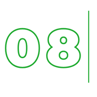 Green outlined numbers “08” on a white background with a vertical green line on the right.